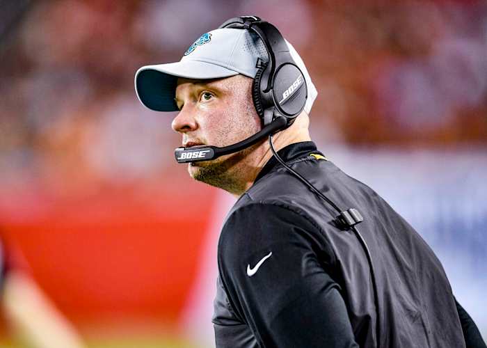 Nathaniel Hackett on the sideline during his time as Jaguars offensive coordinator
